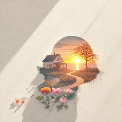 Primary subject: A house with a sunset in the background.

Setting/background: The house is situated on a hill, overlooking a beautiful sunset.

Visual style: The image is a digital art or illustration.

Colors and mood: The colors are warm and vibrant, with the sunset creating a serene and peaceful atmosphere.